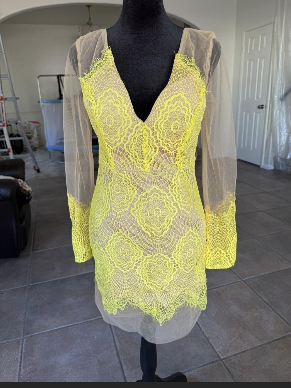Sheer Neon Yellow Lace Bodycon Dress